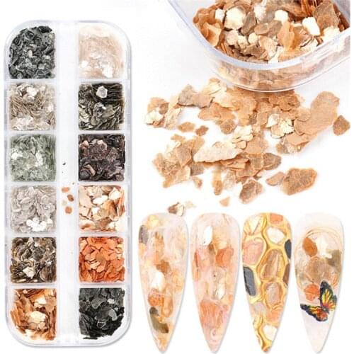 12 Grids Mix Color Natural Rhinestone For Nails 3D Gradient Natural Sea Shell Stone Fragment Nail Art Decorations Nail Glitter