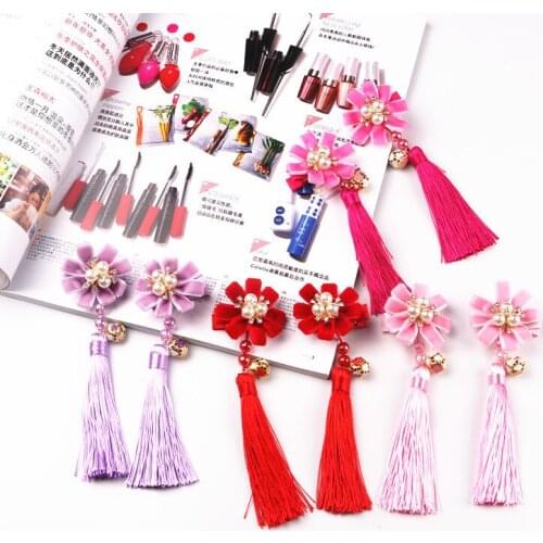 2pcs/lot New Year pearl flocking diamond flower tassel ethnic retro wind hairpin duckbill clip hair accessories