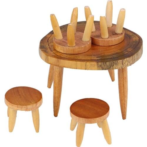 5PCS/Set Wooden Table Chair Miniature Craft Dollhouse Landscape Furniture Toy Dining Room Kitchen Decor Children Gift
