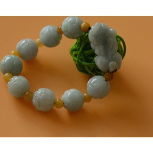 Natural Jadeite Stone Bracelet Handmade Carved Lotus PIXIU With Round Beads Womens Gift Bracelets
