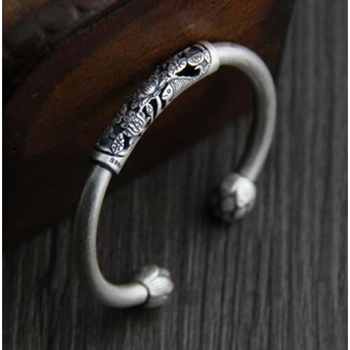 BOCAI New real S990 sterling silver small fish lotus bracelet for woman Thai silver retro ethnic style open female bracelet