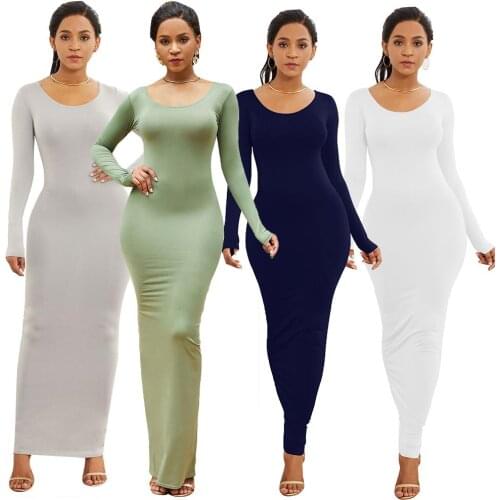 Dress women Spring Autumn Sexy Women Solid Color Dress women Long Sleeve Round Neck Bodycon Maxi Dress vestidos de mujer casual