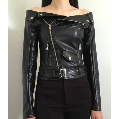 2020 Spring autumn sexy off the shoulder PU leather jackets moto biker black faux leather coats a247