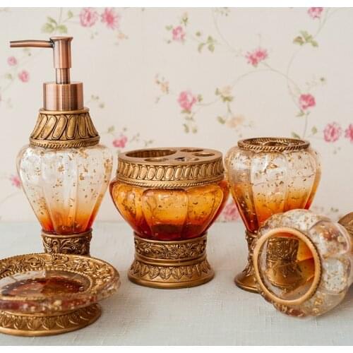 European Luxury Resin Bathroom Accessories Sets Vintage Golden Gravel Mouthwash Cup Toothbrush Holder Soap Dispenser Bath Kits