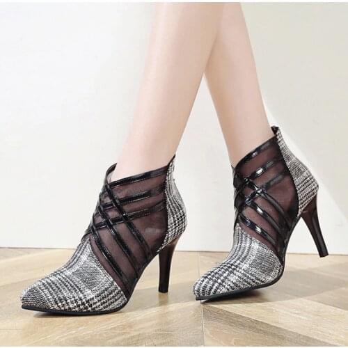 Autumn Shoes Women Ankle Boots Mesh Zip Ladies Plaid Pointed Toe Breathable Thin High Heel Fashion Female Party Footwear