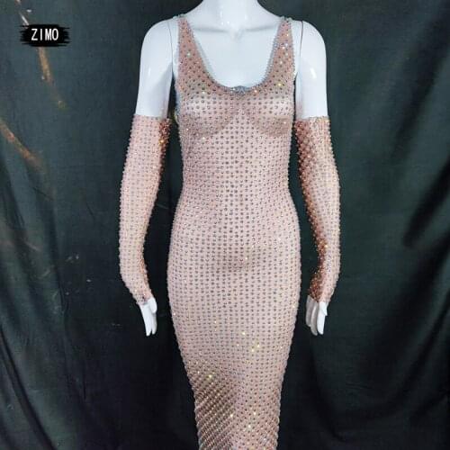 Prom Rhinestone Sexy Long Dress Women Wedding Birthday Party Dress Gloves Festival Outfit Club Stage Performance Dance Costume