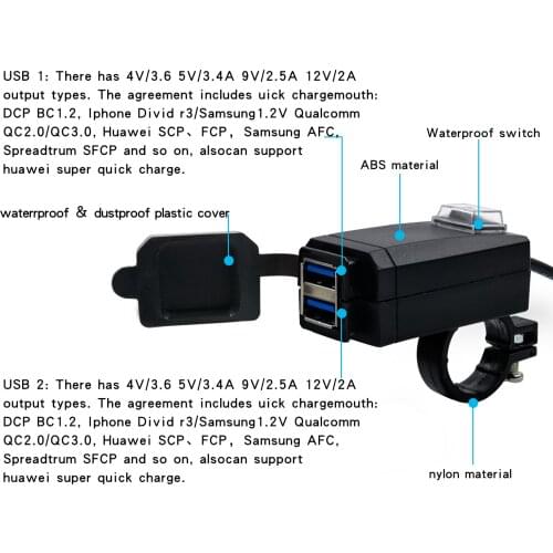 QC3.0 USB Motorcycle Charger Waterproof Dual USB Quick Change 3.0 12V Power Supply Adapter Universal Charge for Phone