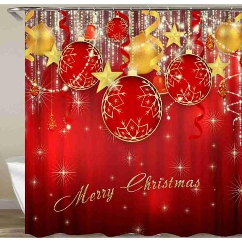 Christmas Balls shoer Curtain Colored Balls&Christmas Bells Snow&Star Bathroom Curtain Waterproof Fabric With Hook 72x72 Inch