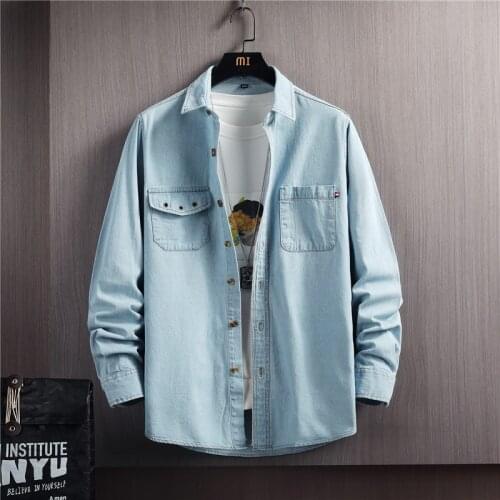 Spring Autumn Men Denim Thin Shirt Long Sleeve Soft 100% Cotton Jacket Chest Double Pocket Casual Male Shirt Slim Slight Elastic