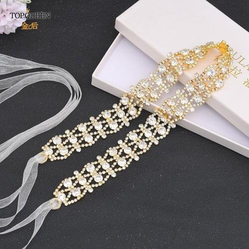TOPQUEEN S414-G Bridal Belt Jeweled Belt Crystal Gold Trim Sparkly Belts for Formal Dress Bridesmaid Belt Evening Party Belt
