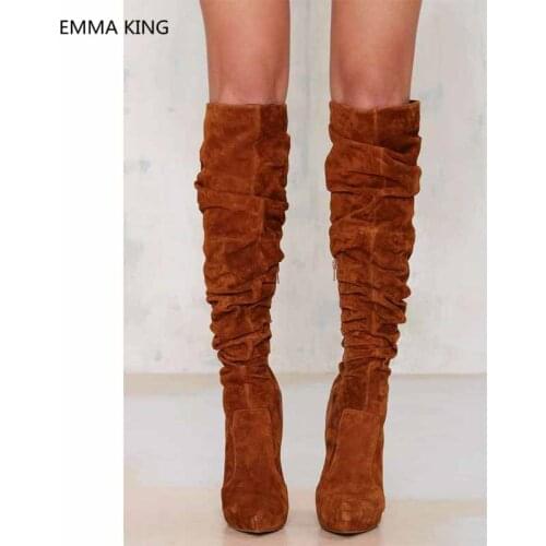 Vintage Women Winter Pleated Shoes Woman Knee High Boots Flock Roman Style Pointed Toe High Heels Runway Ladies Brown Long Boots