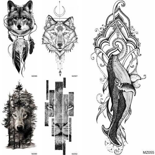 DIY Black Whale Temporary Tattoos Realistic Fake Wolf Lion Waterproof Tatoos For Women Men Body Art Arm Tatoo For Featival Party