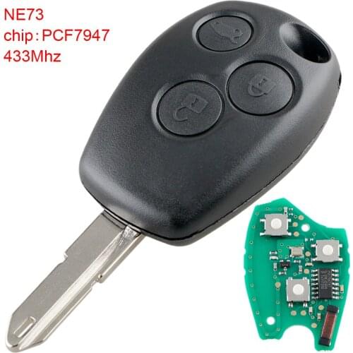 1pc 433Mhz 3 Button Keyless Entry Replacement Remote Car Key Fob with PCF7947 Chip and NE73 Blade Fit for Renault Black Car Key