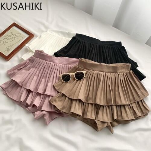 KUSAHIKI Woman Shorts Korean Pleated Double Ruffle Bottoms Causal High Wiast Sweet Sexy Short Feminimos 2021 New 6G188