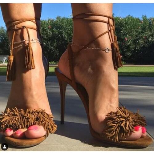 Moraima Snc Brown Suede Fringed High Heel Sandal Woman Sexy Open Toe Lace-up Gladiator Shoes Cutouts Thin Heels Sandal