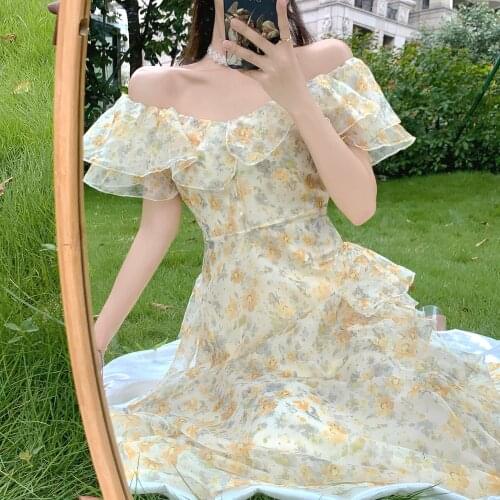 Off The Shoulder Dresses Women Ruffles Floral Designer Fairy Elegant Dress Female Summer Evening Party Vintage Midi Dresses 2021