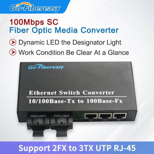 FTTH 1pcs Single Fiber Media Converter 10/100Mbps SMF duplex fiber 2FX SC to 3TX UTP RJ45 Wavelenth 1310nm 20km