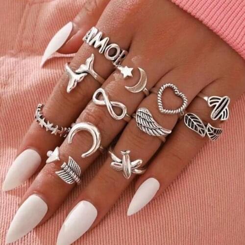 High Quality 12Pcs PUNK Boho Silver Color Ring Set for Women Vintage Letter Hollow Wings Heart Moon Female Best Gifts INS New