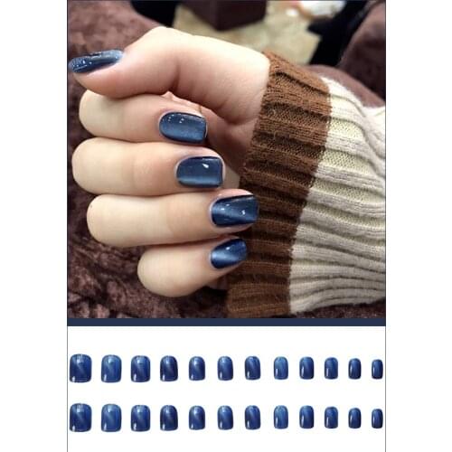 24pcs Blue Galaxy Fake Nails Cat Eye Ballet False Nail Slide Round Nail Tip Extension Press On Nails Literary Manicure Beauty
