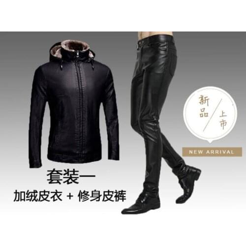 Plus velvet thickening winter motorcycle leather jacket men faux leather coat and leather pants warm jaqueta de couro masculino