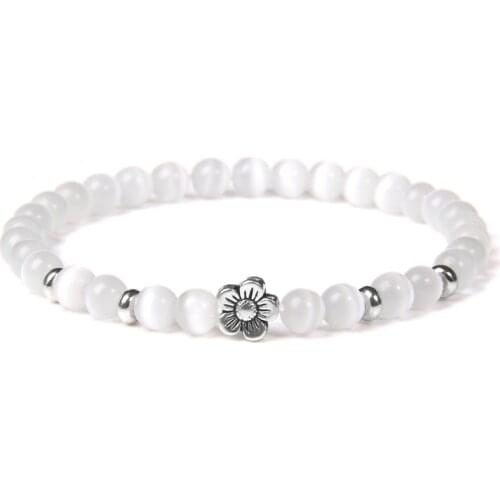 Silver Color Flower Charm Bracelets Women Smooth Shiny 6 mm Pink Cat Eye Stone Beads Bangle Vintage Stretch Pulsera Healing Yoga