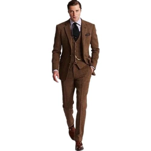 Brand Winter Brown Tweed Vintage Mens Suits for Wedding 3 Pieces Mens Classic Suit Blazer Jacket Tailored Slim Fit Groom Tuxedo