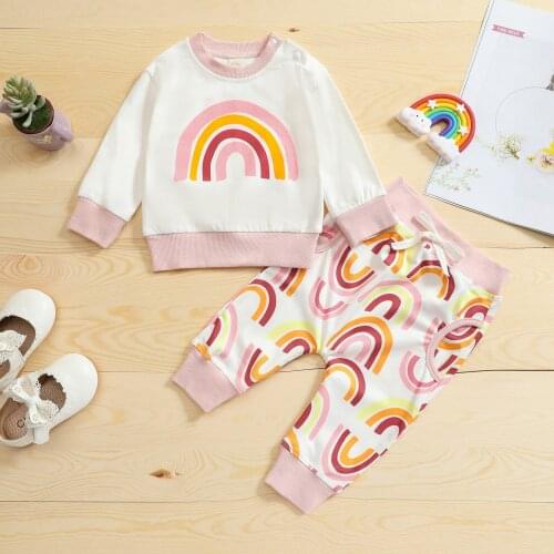 Baby Rainbow Print Clothes Set, Girls Long Sleeve O-neck T-shirt + Drawstring Waist Trousers