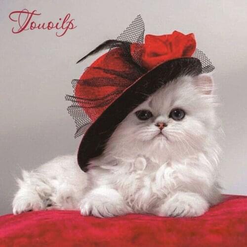 DIY 5D Diamond Painting Cat In Red Hat Full Round Drill Animal Mosaic Diamond Embroidery Cross Stitch Kits Rhinestone Decor Gift