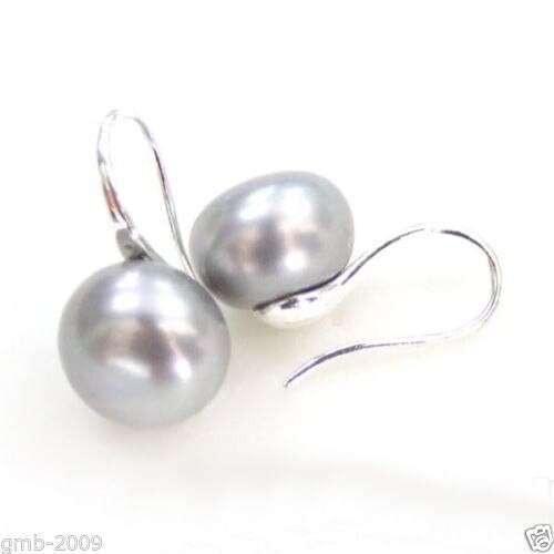 Hot sale new Style >>>> 11-12mm Genuine Natural Silver Gray Freshwater Pearl Sterling Silver Earrings