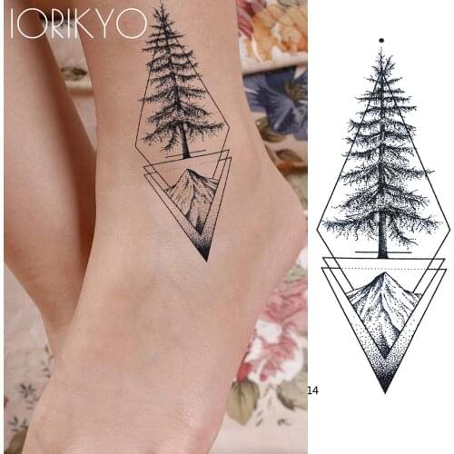 IORIKYO Black Geometric Temporary Tattoo Women Stickers Body Arm Waterproof Tatoos Pine Tree Hilltop Men Ankle Fake Tattoo Paste