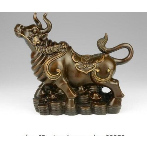 Chinese Bronze Copper Fengshui Wealth Yuanbao Cattle Bull Cattle Bull OX Statue