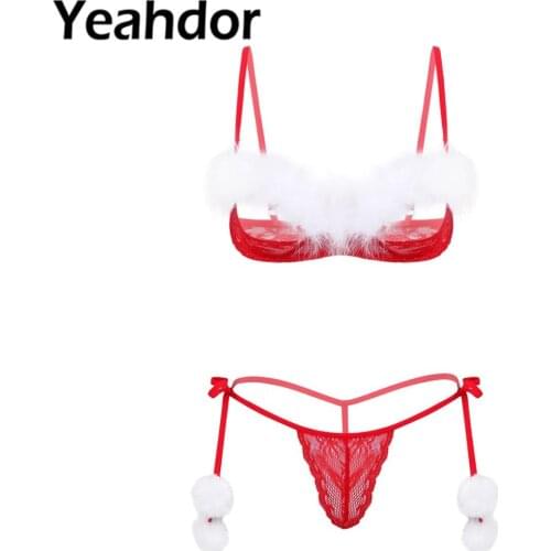 2Pcs Womens Exotic Sheer Lace Christmas Lingerie Set Spaghetti Straps Feather Trim Open Cups Lace Bra Top with G-string Briefs