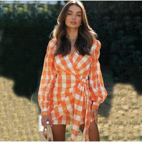 Sexy V-neck Mini Dress Women 2021 New Autumn Winter Fashion Casual Plaid Long Sleeve Sweet Elegant Beach Party Dresses For Femme