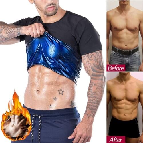 Mens Heat Trapping Shirt Sweat Body Shaper Vest Waist Slimmer Sauna Effect Suits Shapewear Compression Top Gym T-Shirt Sleeves
