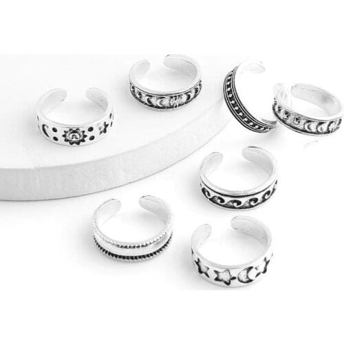 7 Pcs Foot Ring Sets Bohemia Waves Moon Stars Pattern Open Silver Open Silver Women Simple Retro Beach Party Jewelry
