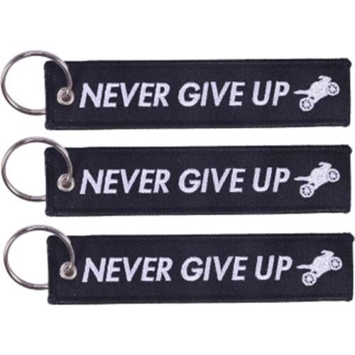 Never GIVE UP motorcycle car key chain, black on white embroidered key chain, gift bag pendant, can be customized