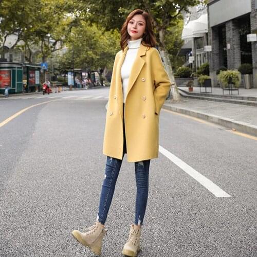 Yellow Woolen Coat Womens Mid-Length Korean 2020 Autumn Winter Popular Double-Breasted Pocket Button Woolen Coat Female Q348