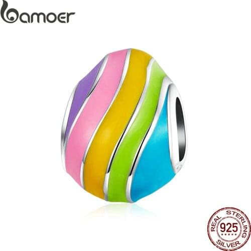 Bamoer Easter Series Genuine 925 Sterling Silver Rainbow Color Enamel Egg Charm fot Original Bracelet Girl Festival Gifts BSC223