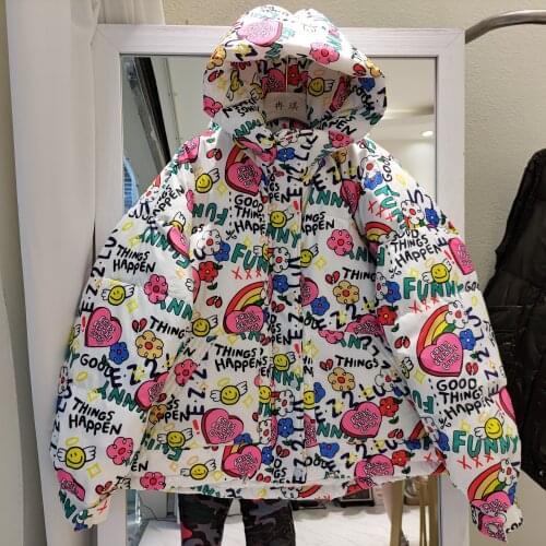 2021 New Down Jacket Womens Short Hooded Cartoon Graffiti Print Thicken Warm Outwear Korean Loose Bread White Duck Down Parkas