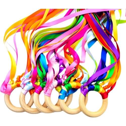 Rainbow Natural Wooden Ribbon Ring Waldorf Toys Baby Newborn Teether Montessori Sensory Toys Shower Gift