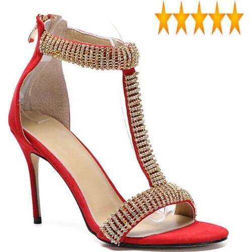 Elegant Toe Rhinestones Peep Women Sexy Thin High Heels Summer Luxury 100% Sheepskin Party Sandals Plus Size 43
