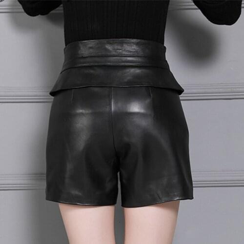 Top Quality Women Genuine Leather Sheepskin Shorts Slim Fit Drawstring Solid Black High Waist Streetweat Sashes Female Shorts