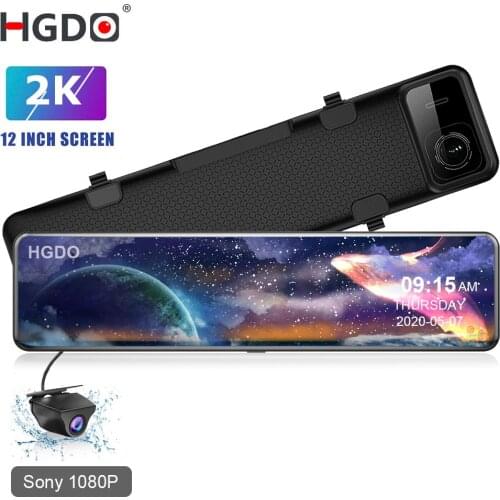 HGDO 2K 12" Video Recorder Super HD Car DVR Hisilicon CPU Car Camera Dash Cam Rear View Mirror Registrar with 1080P Rear Camera