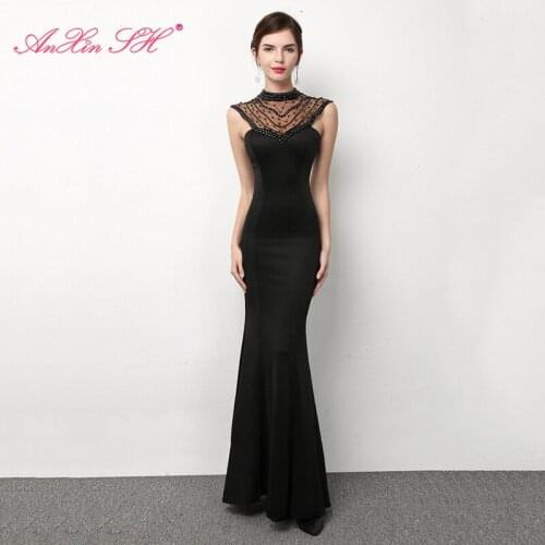 AnXin SH vintage black satin mermaid evening dress Princess o neck beading crystal blue illusion trumpet red evening dress 1445