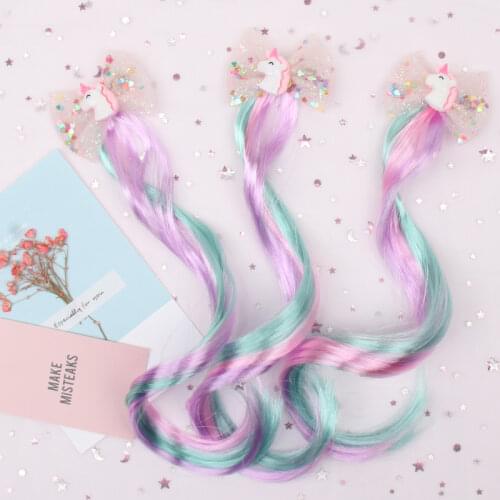 Ncmama Unicorn Hair Bows for Girls Sequin Net Yarn Hair Clips with Long Wig Hairgrips Princess Party Kids Hair Accessories