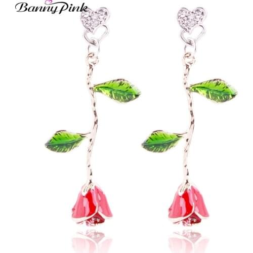 Banny Pink Only Rose Pendant Earrings For Women Chunky Enamel Flower Crystal Heart Charms Statement Dangle Earrings Pendientes