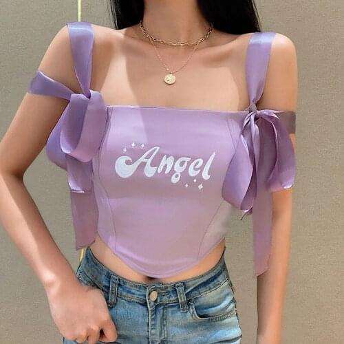 Purple Top Women Summer Girls‘ Shirt 2021 Angel Slim Short Sexy Lace Cute Butterfly Bandage Sling Backless Vest