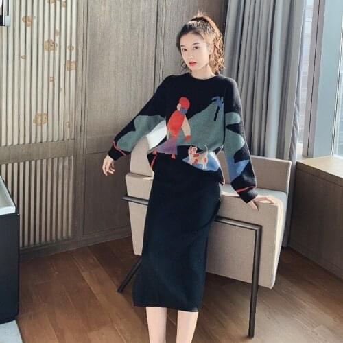 Knitted Suit Women 2020 New Autumn Winter Two Piece Top And High Waist Skirt Vintage Chic Slim Fit Knit Sweater Women Set