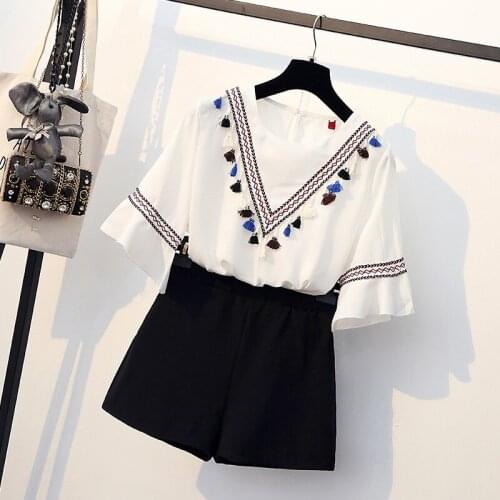 Plus Size L-4XL 2019 Summer New Two Piece Set Womens Temperament Slim Blouse & Shorts Suit Set Ladies Sporting Two Piece Set