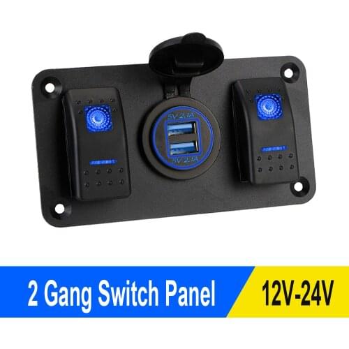 2 Gang Car Switch Panel 12-24V Circuit Control Socket Switch Dual USB Port for Car Marine RV Truck Ship LED Rocker Switch Panel